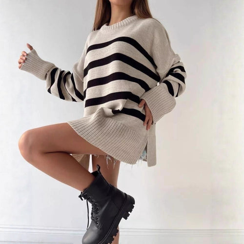 Damen Oversized Strickpullover mit modernem Streifenmuster und hohem Kragen Drune