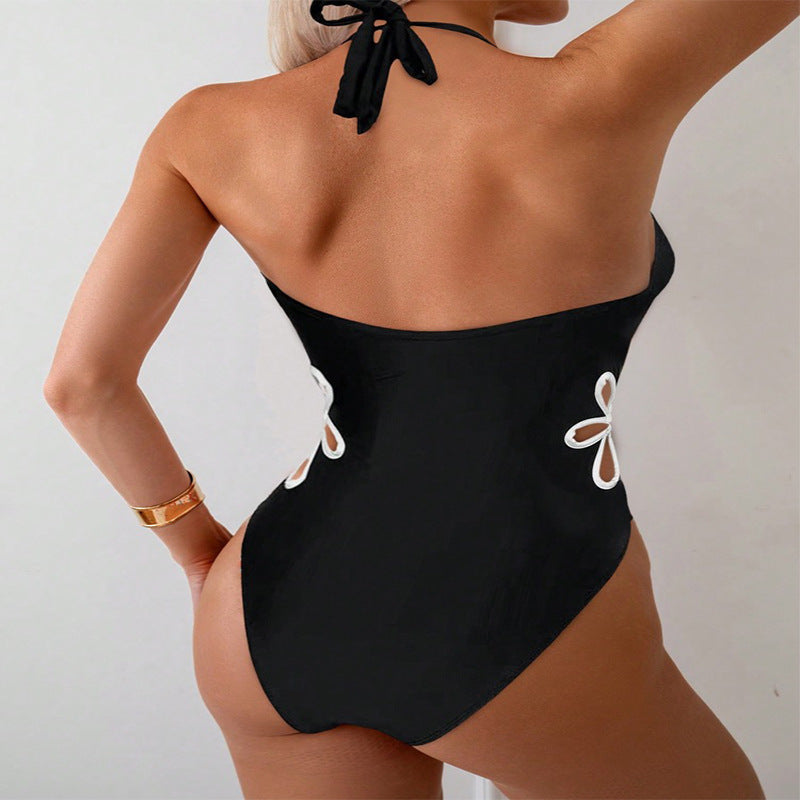 Damen Einteiler Badeanzug mit elegantem V-Ausschnitt und floralem Cut-Out Drune
