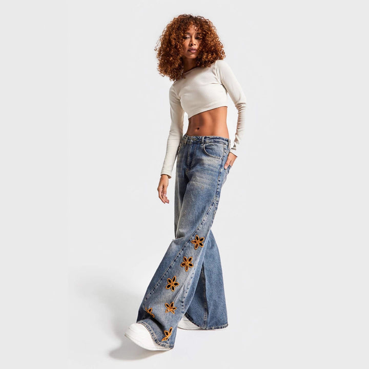 Damen weite Jeans mit floralem Stickdesign Drune