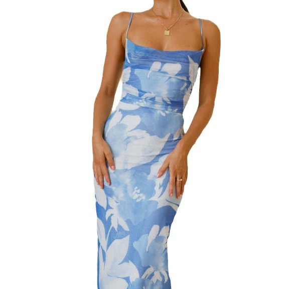 Damen ärmelloses Maxikleid mit floralem Print und elastischer Korsett-Taille Drune