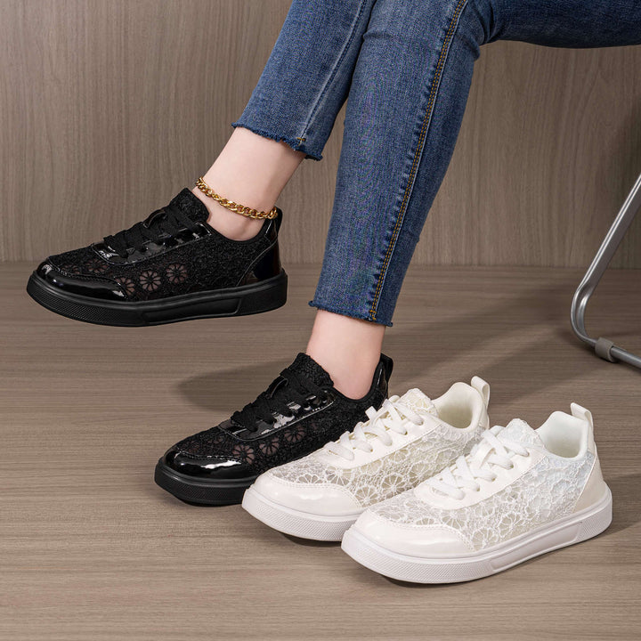 Damen nan eleganter Plateau-Sneaker mit Spitzen-Overlay, lackierten Overlays und gepolstertem Komfortfußbett Drune