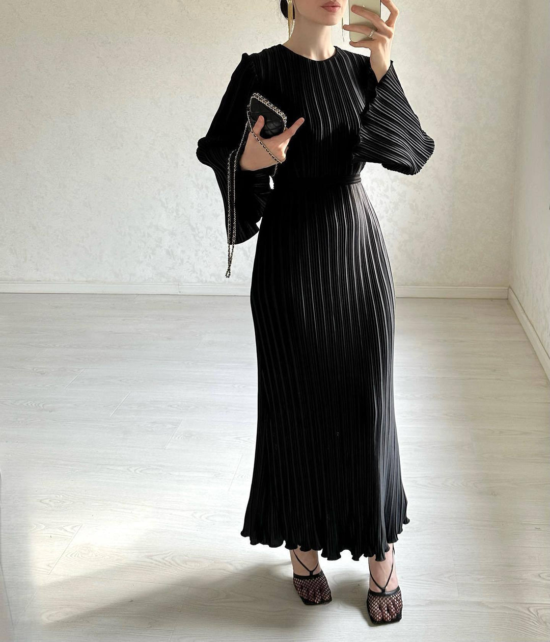 Damen Plissiertes Maxikleid mit voluminösen Ärmeln Drune