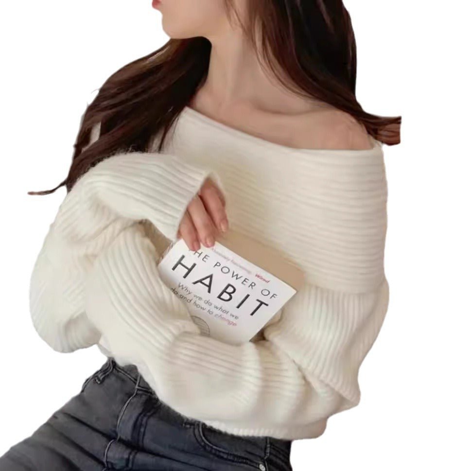 Damen Off-Shoulder Strickpullover mit elastischem Rippdesign Drune