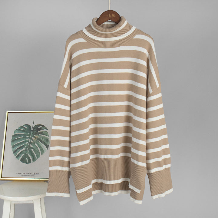 Damen modischer gestreifter Strickpullover mit Stehkragen Drune
