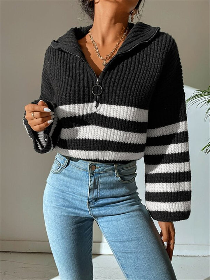 Damen Kapuzenpullover mit strukturiertem Strickmuster und modischen Streifen Drune