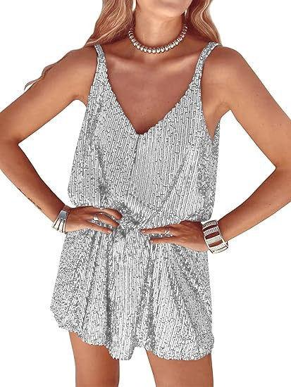 Damen Glitzerndes Jumpsuit mit tiefem V-Ausschnitt und elastischer Taille Drune