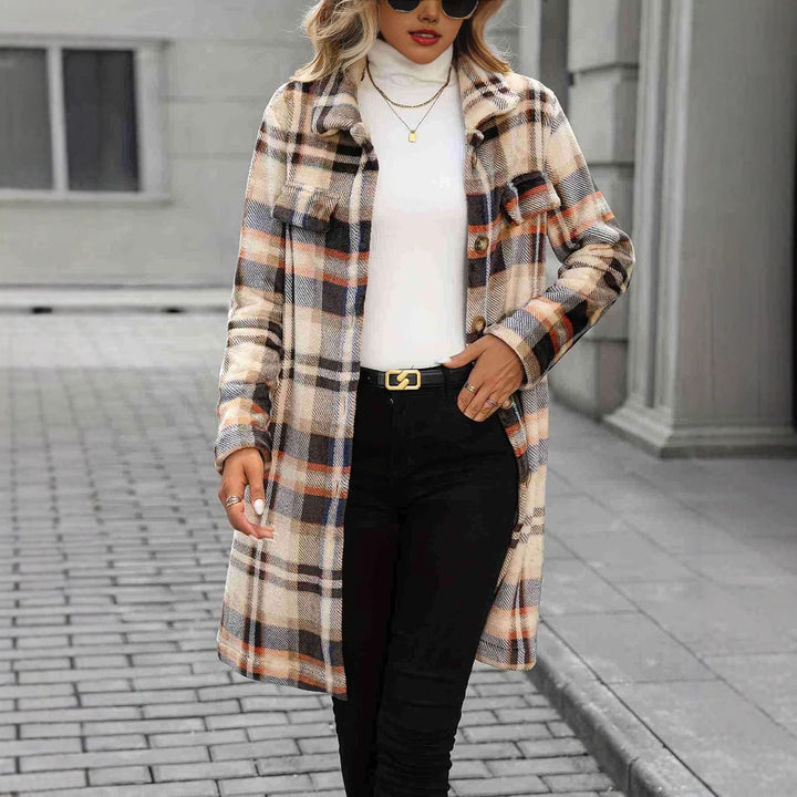 Damen Karierter Oversized-Wintermantel mit praktischen Taschen und Knopfdetail Drune
