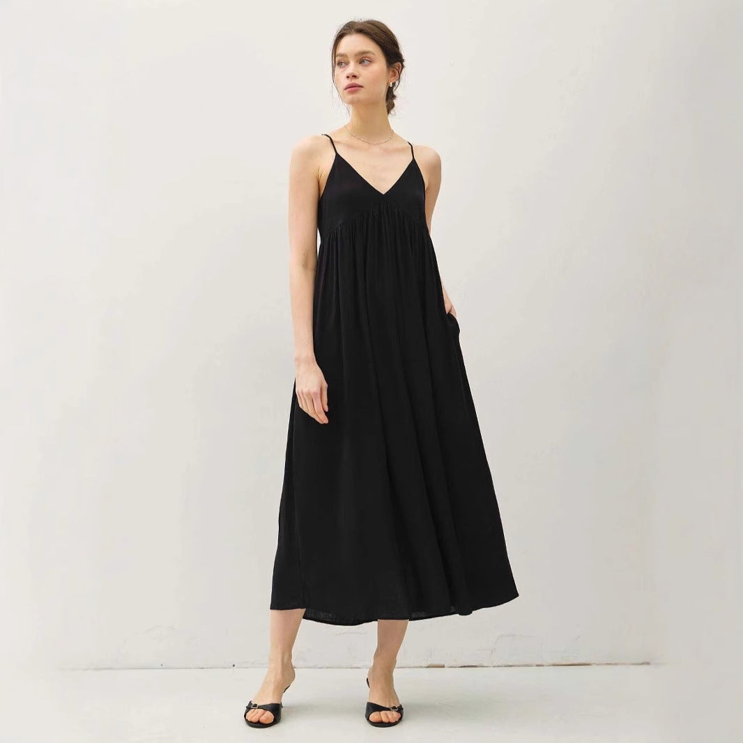 Damen luftiges Maxikleid mit Spaghettiträgern und raffiniertem Schnitt Drune