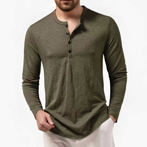 Herren nan Slim-Fit Henley Langarmshirt mit kurzem Knopfverschluss und abgerundetem Saum Drune