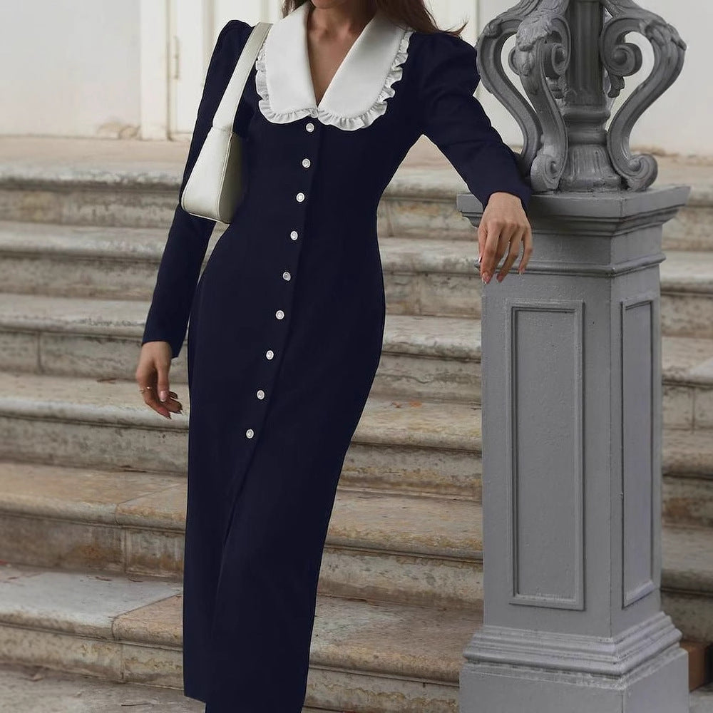 Damen Elegantes Maxikleid mit kontrastierendem Kragen und Knopfdetails Drune