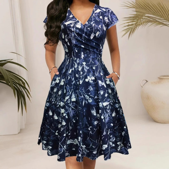 Damen Blumenkleid mit V-Ausschnitt und Taschen Drune