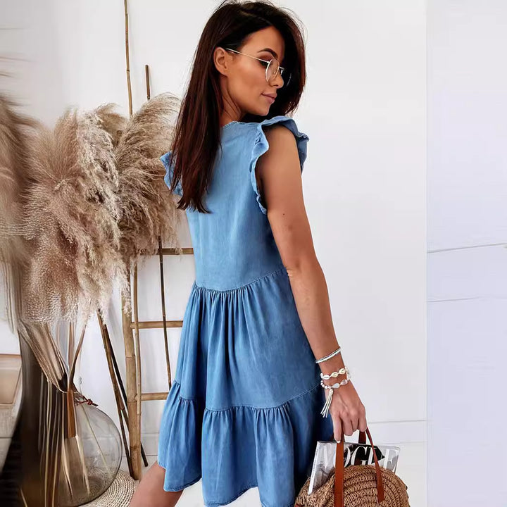 Damen Kurzarm Kleid im lässigen A-Linien Schnitt mit voluminösem Rock Drune