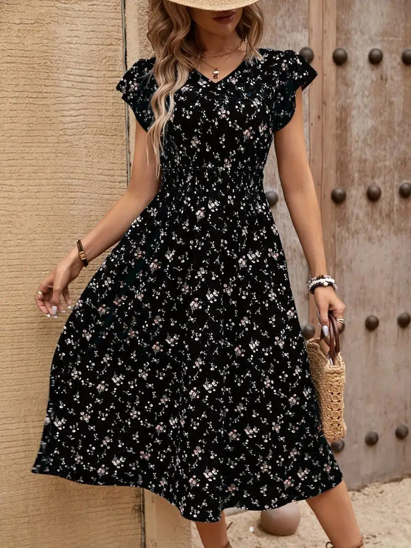 Damen Midikleid mit elastischem Tailleneinsatz und Rüschenärmeln Drune