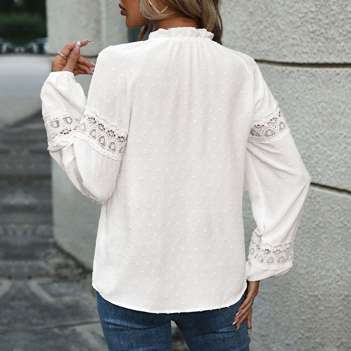 Damen elegante Baumwollbluse mit Spitzenakzenten und Rüschendetails Drune