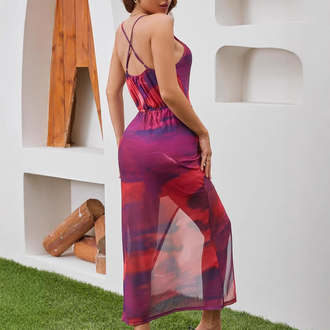 Drune | Gedrucktes Schlitz-Top elastisches Taillen Kleid