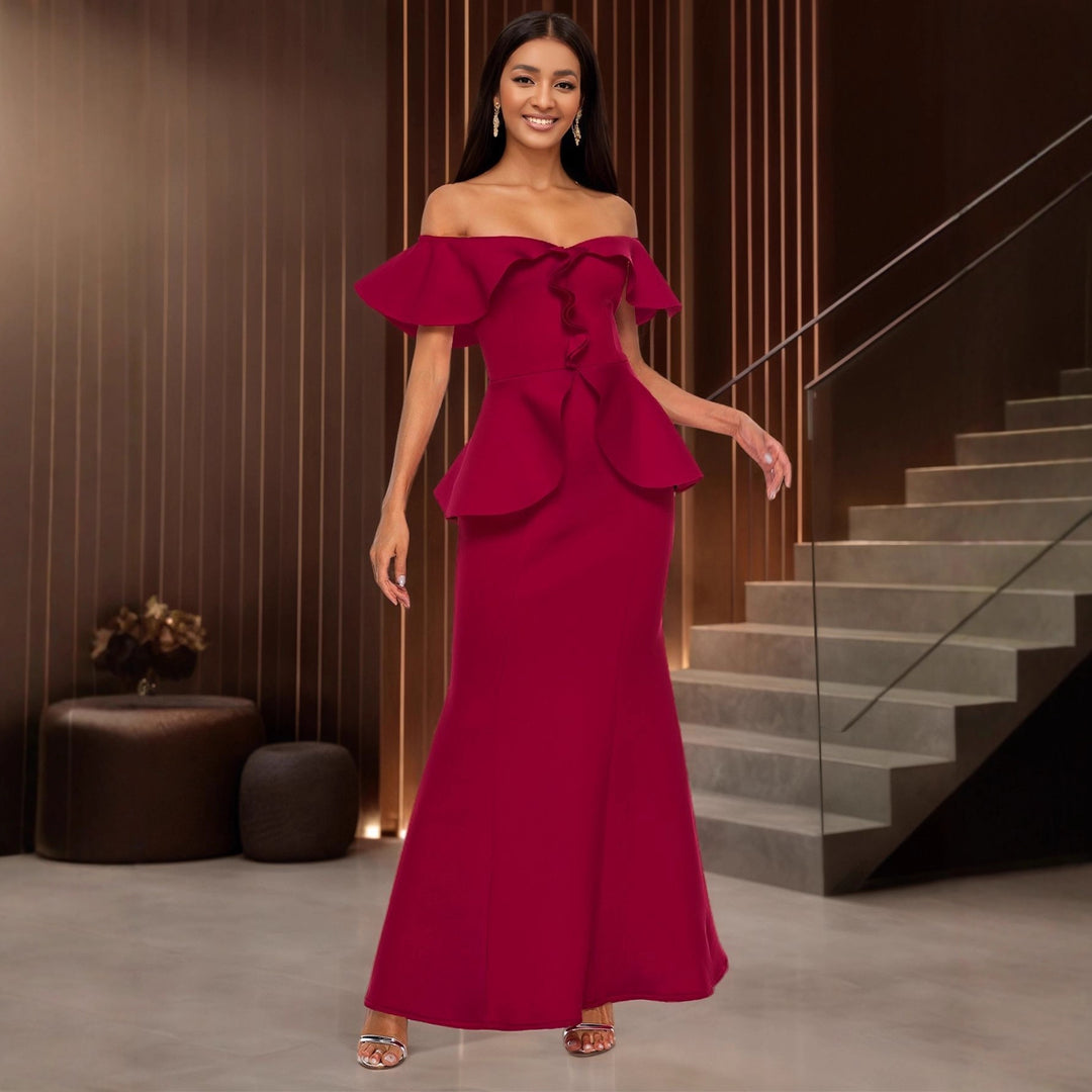Damen Elegantes Abendkleid mit schulterfreien Rüschen Drune