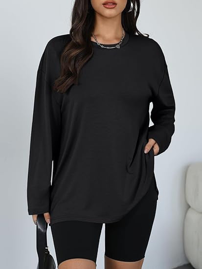 Damen lässiges Longsleeve T-Shirt mit Seitenschlitzen Drune
