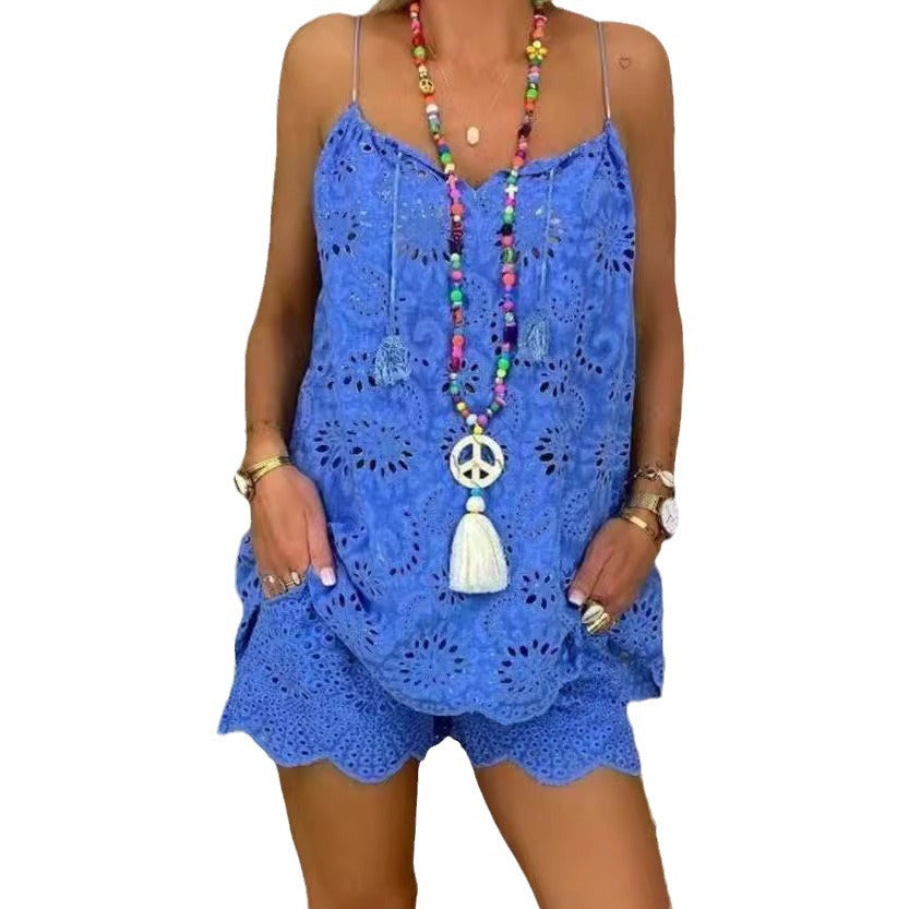 Damen luftiges Sommeroberteil mit Spitze und passenden Shorts Drune