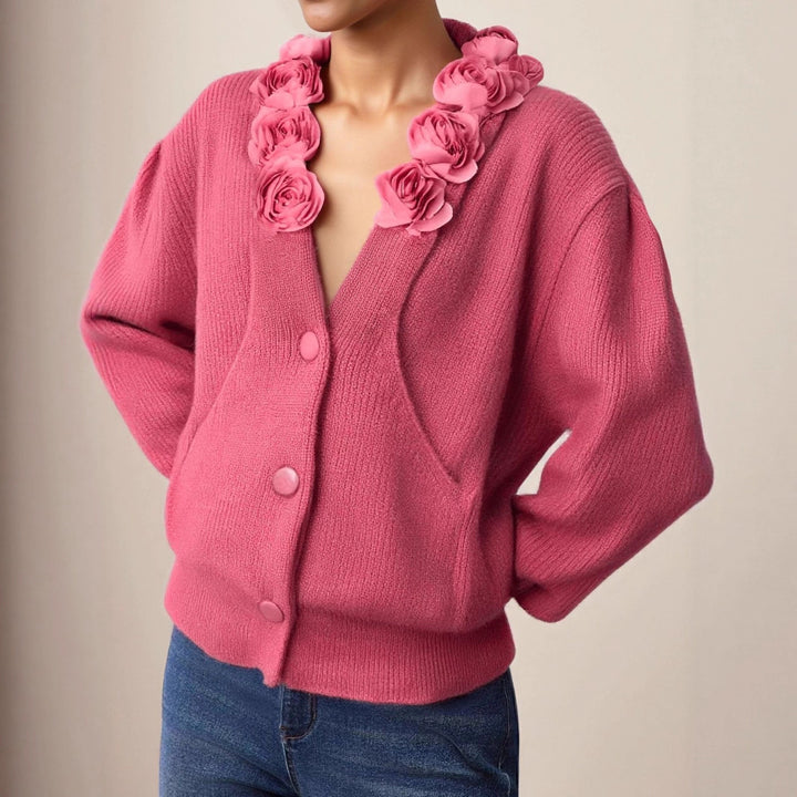 Damen Strickjacke mit floraler Applikation und tiefem V-Ausschnitt Drune
