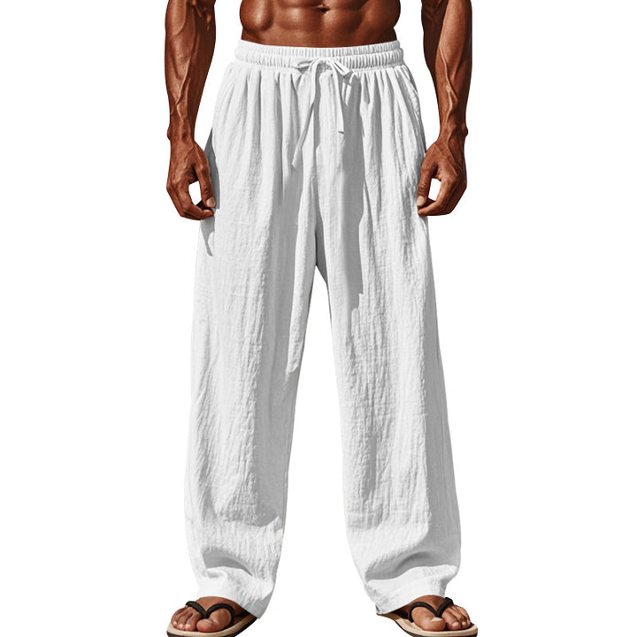 Herren nan luftige Leinen-Sommerhose mit weitem Bein, Faltenfront und elastischem Komfortbund Drune