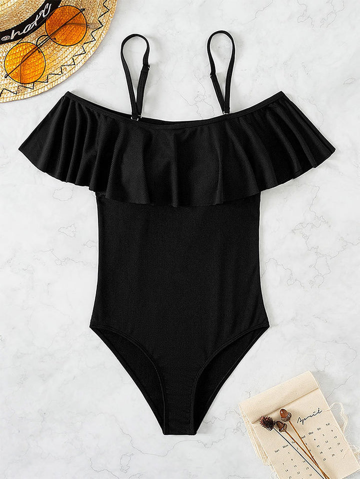 Damen Eleganter Badeanzug mit Volants und schulterfreier Ausschnitt Drune