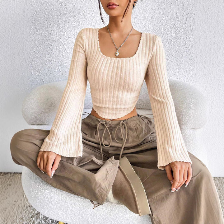 Damen Langarm-Crop-Top mit dekorativem Rippdesign und abgerundetem Saum Drune