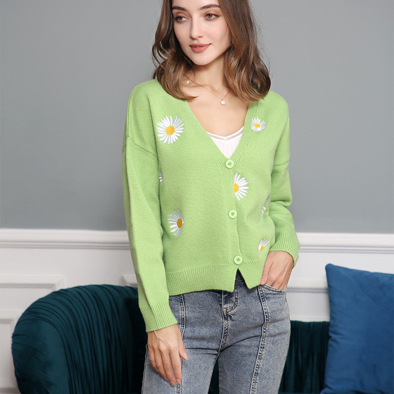 Damen Strickjacke mit floralem Muster und V-Ausschnitt Drune