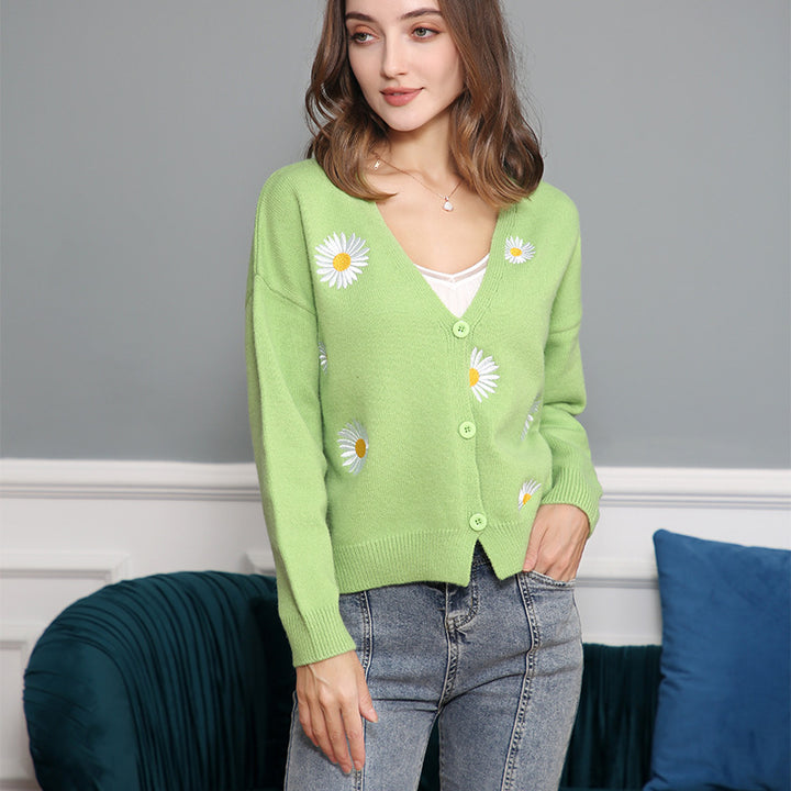 Damen Strickjacke mit floralem Muster und V-Ausschnitt Drune