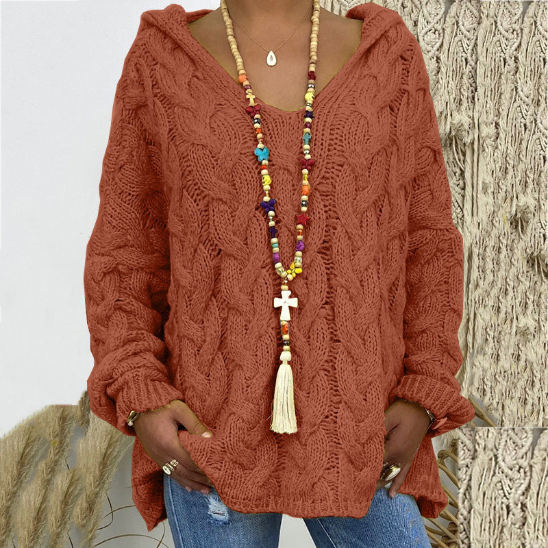 Damen nan oversized Kapuzenpullover mit Zopfmuster, tiefem V-Ausschnitt und seitlichen Schlitzen Drune