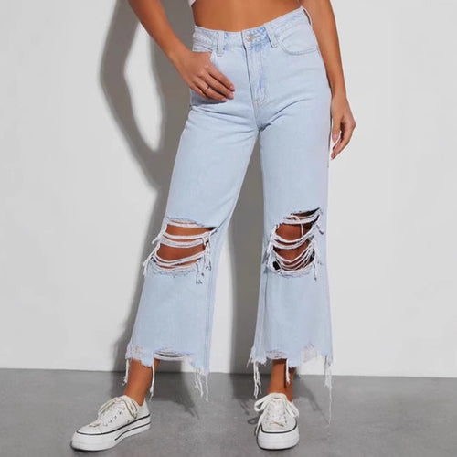 Damen lässige Boyfriend Jeans mit auffälligen Destroyed-Details und weitem Bein Drune