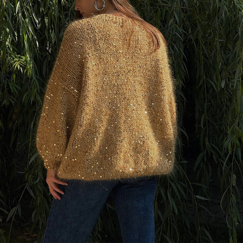 Damen Glitzernder Strickpullover mit Puffärmeln Drune