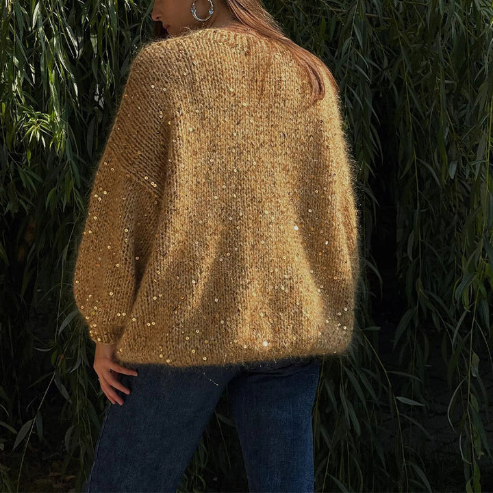 Damen Glitzernder Strickpullover mit Puffärmeln Drune