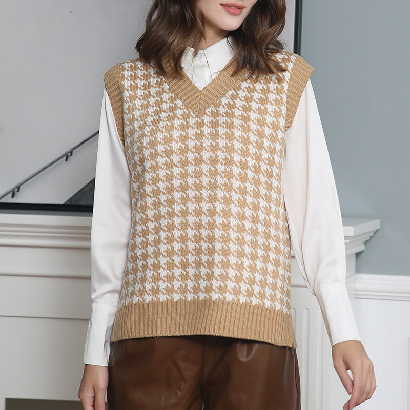 Damen Strickweste mit modernem Hahnentritt-Muster Drune