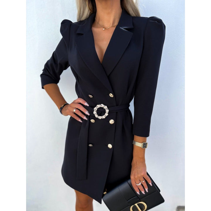 Damen elegantes Blazer-Kleid mit tailliertem Schnitt und dekorativer Brosche Drune