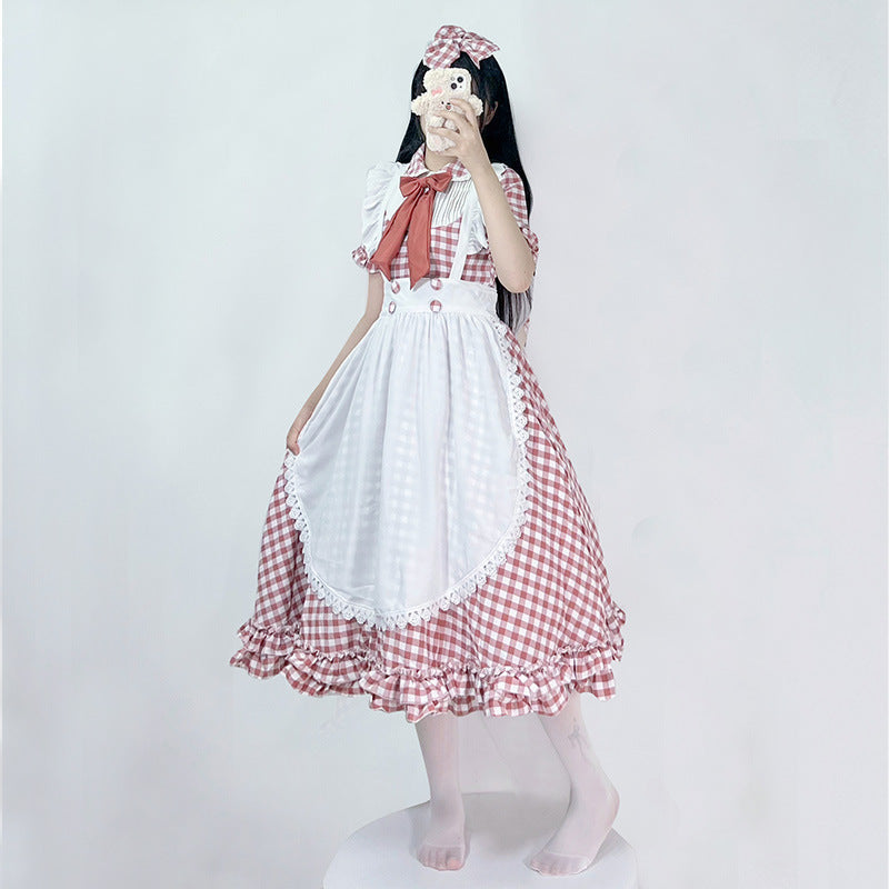 Damen nan vintage-inspiriertes Lolita-Kleid mit Karomuster Volants und abnehmbarer Schürze Drune