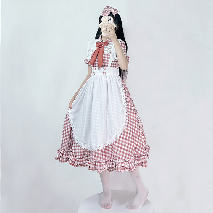 Damen nan vintage-inspiriertes Lolita-Kleid mit Karomuster Volants und abnehmbarer Schürze Drune