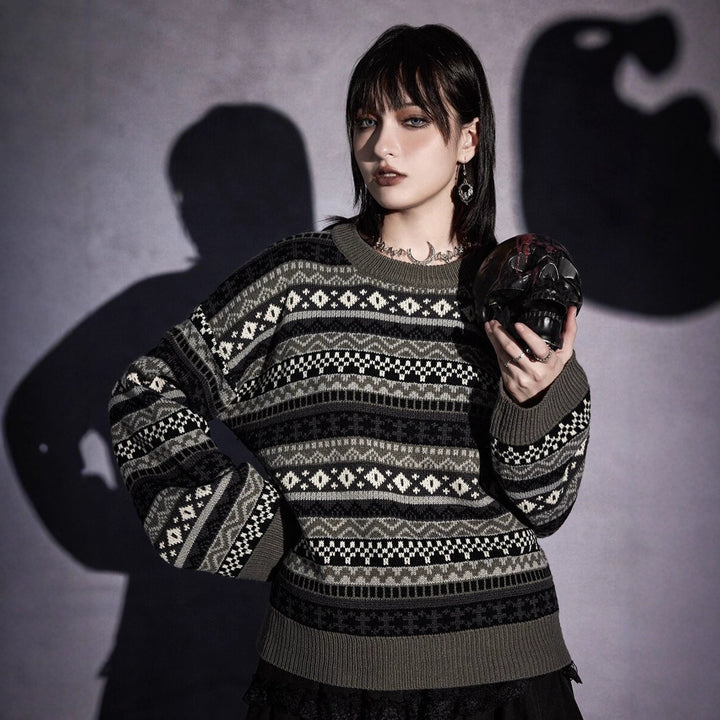 Damen modischer Pullover mit geometrischem Norweger-Muster und weichem Strickstoff Drune