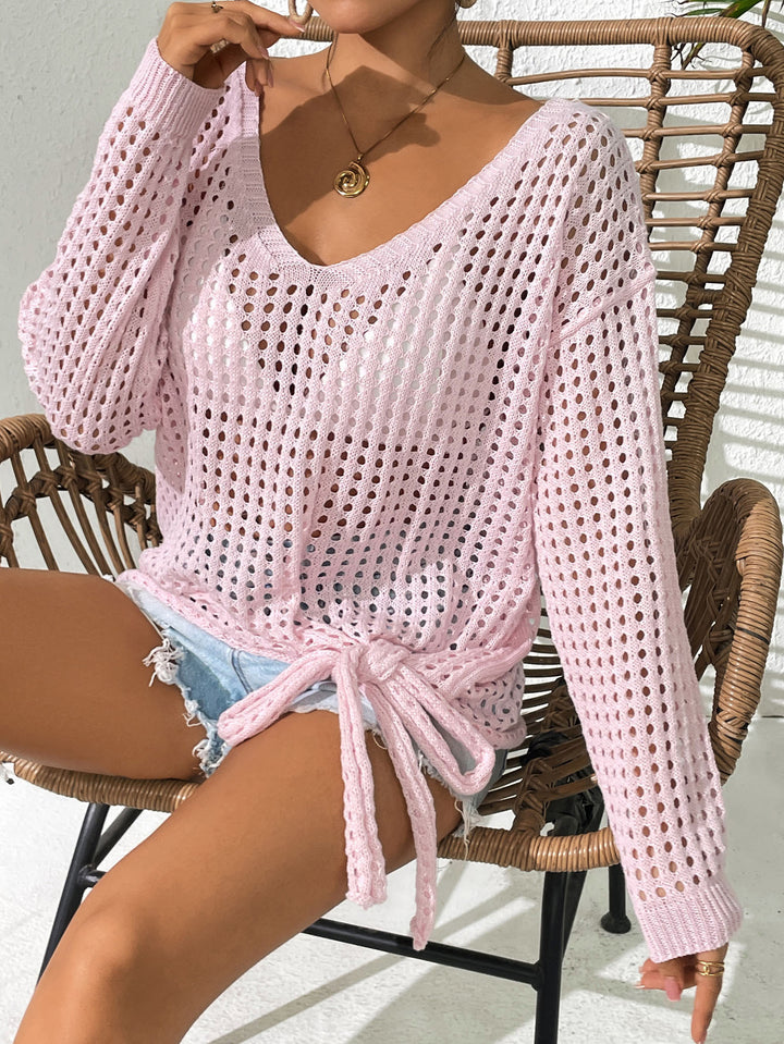 Damen luftiger Strickpullover mit V-Ausschnitt und dekorativem Knoten Drune