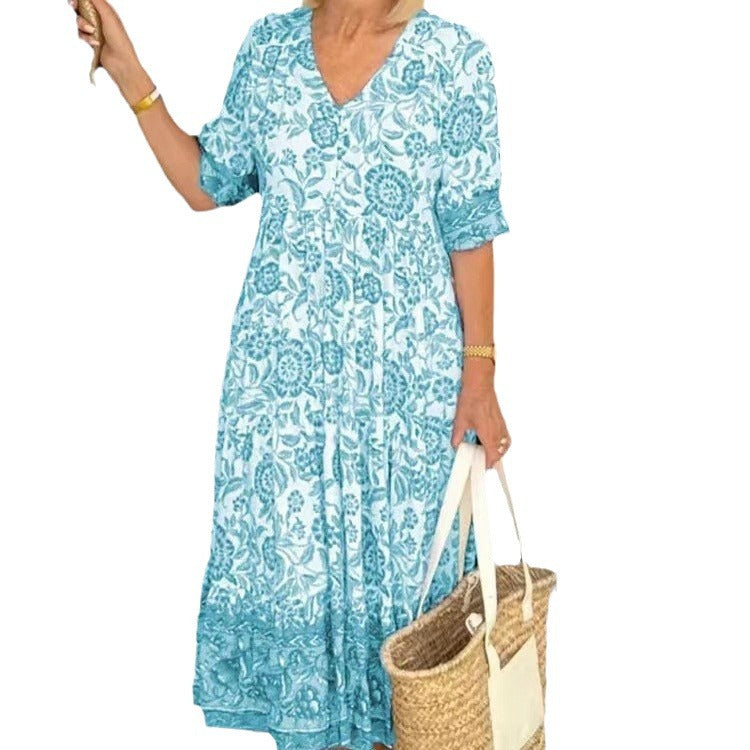 Drune | Dreiviertelärmeliges langes floral gefärbtes Tie-Dye Druckkleid
