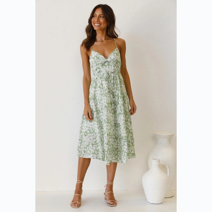Damen Midikleid mit Floralem Muster und Verstellbaren Spaghettiträgern Drune
