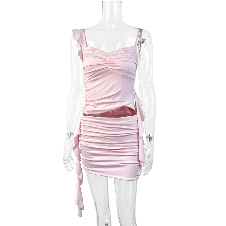 Damen Rüschendes Mini-Kleid mit verstellbaren Spaghetti-Trägern und figurformendem Schnitt Drune