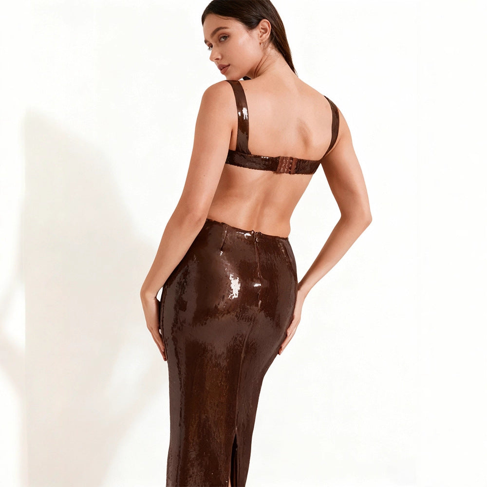 Damen Lange Pailletten-Robekleid mit schicker Silhouette und tiefem Ausschnitt Drune
