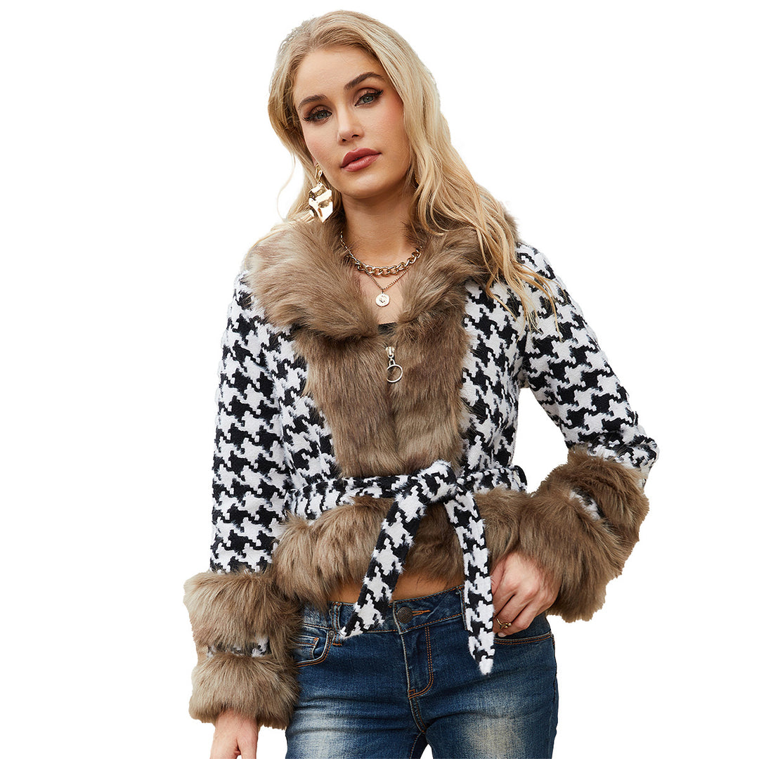 Damen Hochwertige Winterjacke mit auffälligem Hahnentritt und faux Pelzkragen Drune