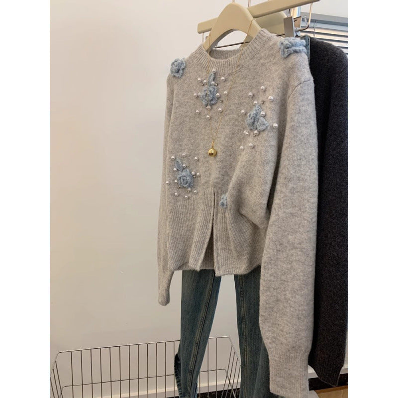 Damen Pullover mit strukturiertem Blumendesign und Perlenverzierungen Drune
