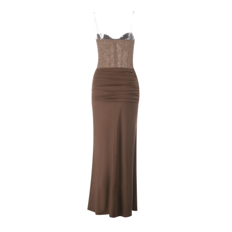 Damen schickes Maxikleid mit elegantem Bustier-Oberteil und gerafftem Rock Drune
