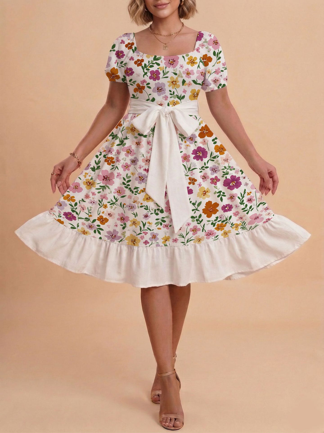 Damen Midikleid mit verspieltem Druck und tailliertem Schnitt Drune
