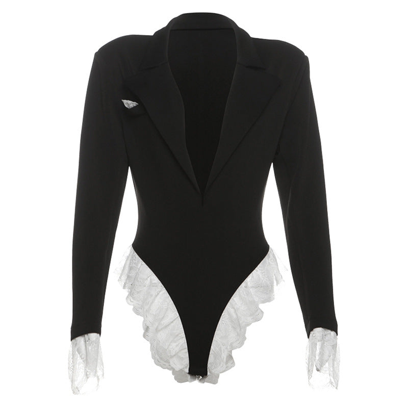 Damen Body mit raffiniertem Blazer-Stil und Spitzenbesatz Drune