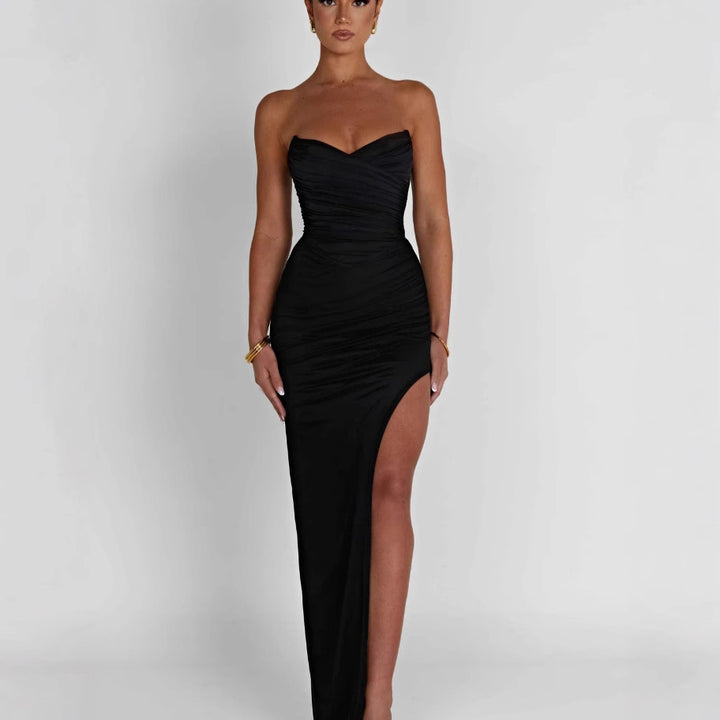 Damen Elegantes Maxikleid mit schmalem Schnitt und sexy Schlitzdesign Drune