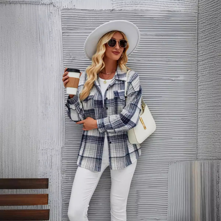Damen lässige Flanellhemdjacke mit karriertem Design und praktischen Brusttaschen Drune
