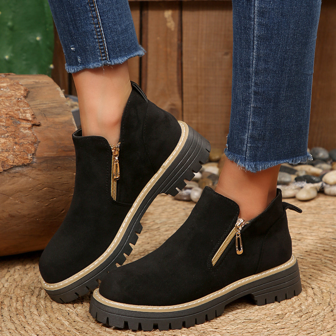 Damen nan knöchelhohe Stiefelette mit dekorativem Reißverschluss gepolstertem Schaft und robuster Profilsohle Drune